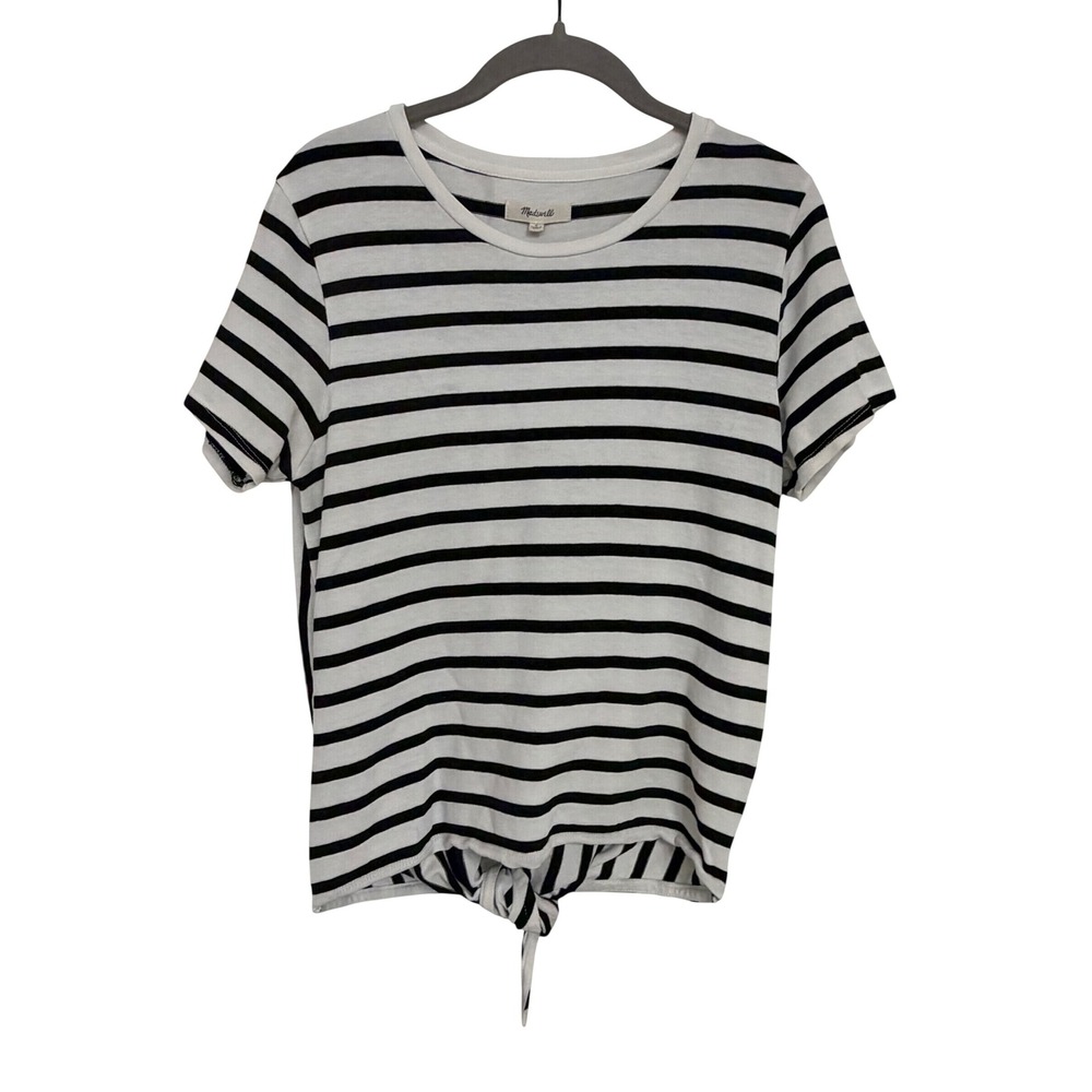 Madewell Womens Small Black White Striped Split Back Tie Hem Knit Top Prppy